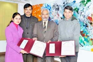 Ishya Devi and Surjeet Singh Shan posing for photograph with VC JU Prof RD Sharma.