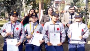 Naval cadets of GCW Gandhi Nagar, who excelled in NIC at Udaipur displaying certificates while posing for group photograph