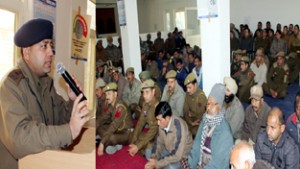Participants during traffic awareness programme at GRP Lines in Jammu.