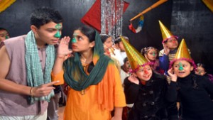 A scene from  the play ‘Laakh Ki Naak’ staged by Natrang on Sunday.