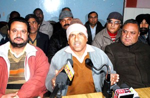 Senior SGEJAC members, Sushil Sudan, Suresh Sharma and Subash Verma addressing joint press conference in Jammu.  -Excelsior/ Rakesh  