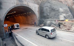 Vehicles passing through the newly constructed tunnel from Jammu to Udhampur at Nandni on Saturday.