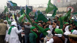 Members of Muslim community taking out a religious procession in Bathindi area of Jammu on Sunday. -Excelsior/Rakesh