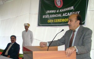 Justice Hasnain Masoodi delivering a lecture to the newly enrolled Advocates at State Judicial Academy on Friday. 