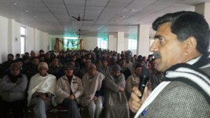 BJP State president Jugal Kishore Sharma addressing a public meeting at Bohri on Friday.
