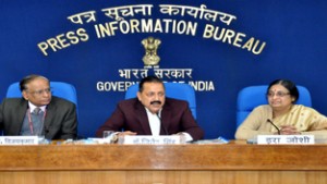 Union Minister Dr Jitendra Singh addressing a press conference after releasing “e-book” highlighting work, achievements and future initiatives of DoNER Ministry in Northeast, at New Delhi on Thursday.