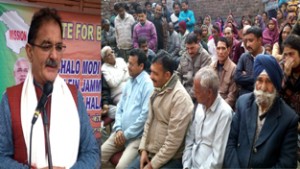 MLA Gandhi Nagar, Kavinder Gupta addressing public meeting at Gangyal on Thursday.