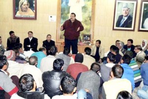 MLA Nagrota Devender Singh Rana addressing Party workers at Sher-e-Kashmir Bhawan, Jammu on Friday.