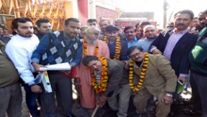 MLA Jammu East Rajesh Gupta kick starting reconstruction of drain in front of Shri Ranbireshwar Temple on Friday.
