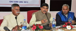 MP Jugal Kishore Sharma chairing District Vigilance and Monitoring Committee meeting at Jammu on Friday.