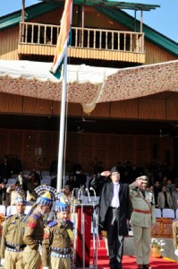 Divisional Commissioner Kashmir, Rohit Kansal saluting the Tricolour at Bakshi Stadium.