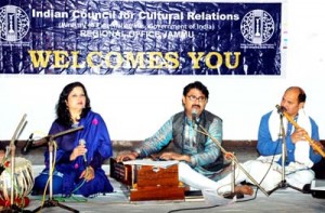 Neelam and Subash Langeh presenting a melodions song at Jammu on Friday.