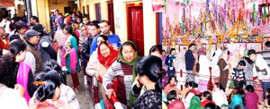 Devotees waiting for their turn to pay obeisance at Lal Dwara temple, Jain Bazar on Thursday. -Excelsior/Rakesh
