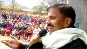 NPP chairman Harshdev Singh addressing party supporters in Ramnagar on Thursday.