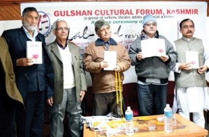 Dignitaries releasing “Lal Ded-revisited” at K.L Saigal Hall.
