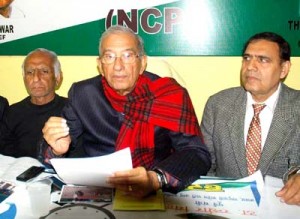 NCP State president Thakur Randhir Singh addressing a press conference at Jammu on Saturday.   	-Excelsior/Rakesh