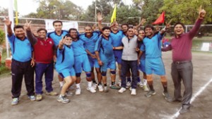 Jubilant players of POWERGRID team celebrating their semifinal victory on Friday.