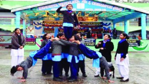 Students performing activity while celebrating World Thinking Day at KV-1 Udhampur on Friday.