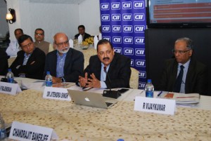Union DoNER Minister Dr Jitendra Singh addressing  Investors' meet organized by Confederation of Indian Industries (CII) to discuss the prospects of business and trade in Northeastern region at New Delhi on Saturday.