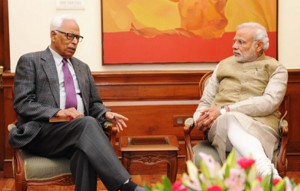 Governor N N Vohra calling on Prime Minister Narendra Modi in New Delhi on Saturday. (UNI)