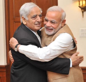 PDP patron Mufti Mohammad Sayeed meeting Prime Minister Narendra Modi in New Delhi on Friday.