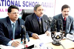 Director General Youth Services and Sports, Navin Agarwal and other dignitaries addressing media persons in Jammu on Monday.         -Excelsior/Rakesh