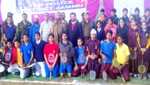 Participants of Badminton Tournament posing along with chief guest Kamal Verma, MLA Bishnah on Wednesday. 