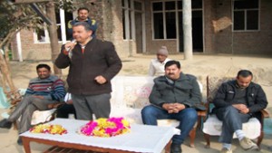 Ex MLA, Ashwani Sharma addressing a public meeting at village Treva in Bishnah on Sunday.
