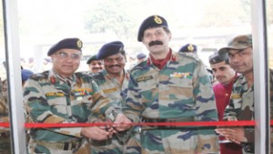Lt Gen Vimal Arora, flanked by Comdt 166 MH, inaugurating newly renovated  Dental Unit at Satwari in Jammu on Wednesday. 
