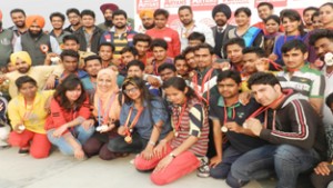 Winners of Athletic Meet posing for group photograph.