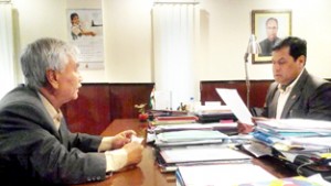 MP Ladakh, Thupstan Chhewang in a meeting with Sarbananda Sonowal at New Delhi on Monday.