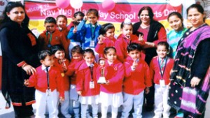 Winners of various events posing along with School Management during annual sports day at Nav Yug Play Way School, Janipur in Jammu.