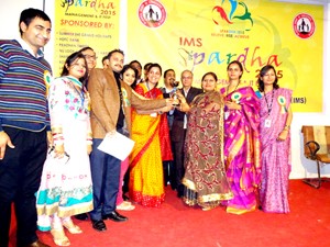 Dignitaries during valedictory function of fest 'Spardha' at IMS in Jammu on Friday