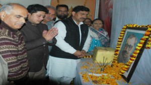 BJP leaders paying tributes to former Jana Sangh President, Pt. Deen Dayal Upadhaya on Wednesday at BJP Headquarters, Jammu.