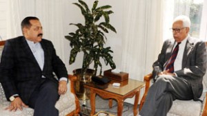 Governor, N N Vohra meeting Dr Jitendra Singh, Union Minister of State at Jammu on Tuesday.