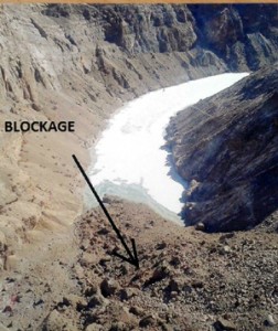 A view of Phutkal River blockage due to landslide at Ladakh.