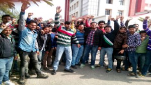 Unemployed diploma engineers protesting outside Divisional Commissioner’s office at Rail Head in Jammu on Saturday.