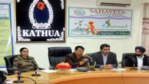 Divisional Commissioner Shantmanu and Deputy Commissioner Dr Shahid Iqbal during launch of “Sahayeta” on Thursday.