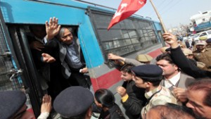 MLA M.Y Tarigami & other CTU workers courting arrest in Jammu on Thursday. -Excelsior/ Rakesh