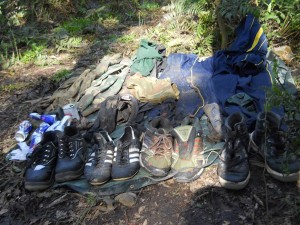 Track suits and pairs of shoes (Pakistan made) recovered from the International Border at Hariya Chak in Hiranagar sector on Saturday. More pics on page Nos 5 & 9. -Excelsior/Madan Magotra