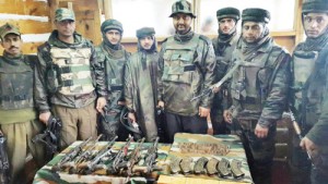 Arms and ammunition recovered by troops in Bandipora on Sunday.— Excelsior/Aabid Nabi