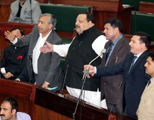 National Conference and CPM MLAs protesting in Legislative Assembly on Thursday.— Excelsior/Rakesh