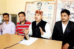 Balwant Singh Mankotia State president, NPP addressing press conference on Wednesday.