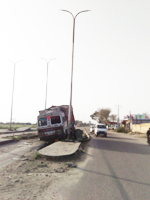 A truck that met an accident at Toll Plaza near Sarore on Jammu Pathankot NH.