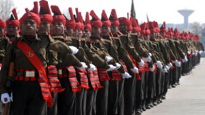 New recruits from the Jammu and Kashmir Light Infantry Regiment (JAKLIR) of the Army take part in a passing out parade at Regimental Centre on Friday.   —Excelsior/Amin War