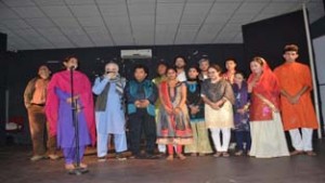 Artists during Hindustani play staged by Unison Cultural Troupe at auditorium of GCW, Parade on Monday.