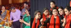 The dignitaries lighting the traditional lamp at the inaugural of 1st Jammu Youth Theatre Festival (left) and a view of the play 'Kya Yeh Sach Hai' (Right), at GCW Gandhi Nagar on Saturday.