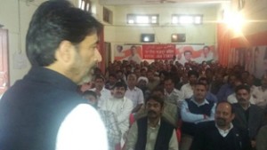 GA Mir president, PCC addressing an INTUC meeting at Jammu on Monday.