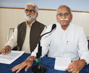 RSS leaders at a press conference at Jammu on Saturday.
