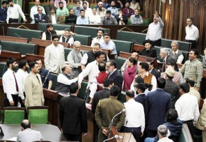 NC MLAs protesting in Assembly before staging walk-out on Tuesday. -Excelsior/Rakesh